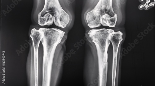 X-ray showing joint space narrowing and bone spurs indicating osteoarthritis photo