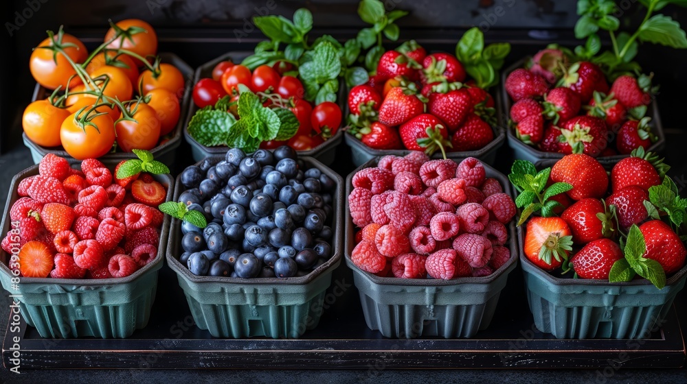 A colorful display of fresh strawberries, blueberries, raspberries, and cherry tomatoes neatly arranged in green pint baskets on a dark background. A colorful display of fresh strawberries, blueberries, raspberries, and cherry tomatoes neatly arranged in green pint baskets on a dark background.