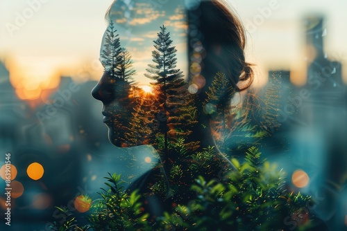 ESG investment strategies (close up, focus on, copy space) Vibrant financial growth indicators Double exposure silhouette