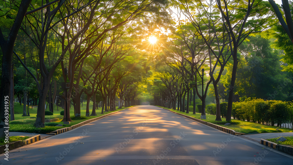 Empty treelined natural park street in morning light Empty treelined natural park street in morning light