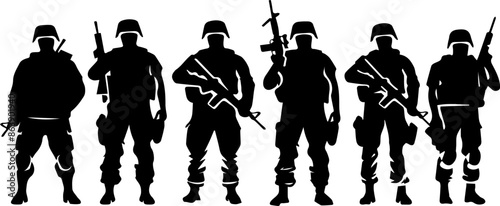 A group of soldiers stand in a line, all wearing the same uniform