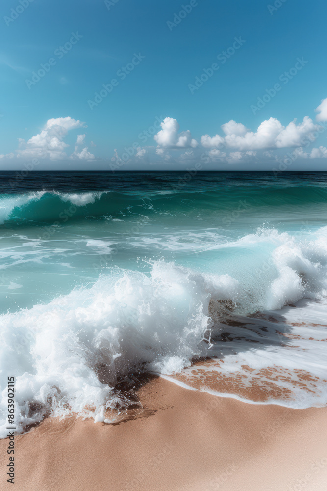 Fototapeta premium Experience the Thrill of Surfing Big Waves Exhilarating Ocean Sport on Sunny Beaches for Adventure Seekers and Wave Enthusiasts Alike