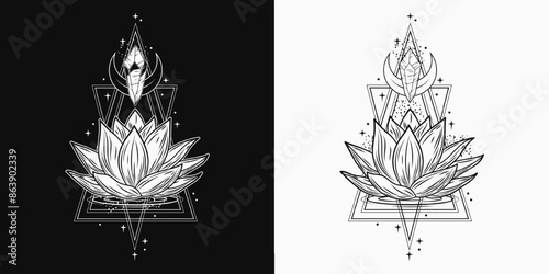 Black and white vertical composition with lotus flower, magic crystal, outline triangular shapes. Mysterious, mystical concept for meditation, clear consciousness. Vintage style.
