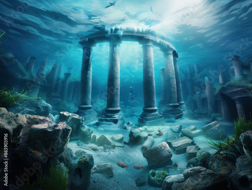 Underwater View of Marine Ruins Explore Mysterious Depths and Scuba Diving Adventure in Enchanting Atlantis Inspired Ancient Ocean Secrets photo