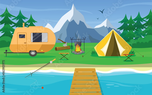 Camping with a campfire, tent and trailer on the background of mountains and forest. Fishing. Cooking on fire. Vector illustration.