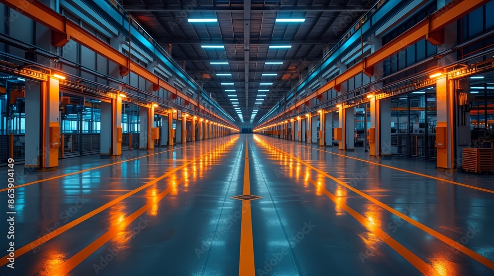 Empty aisle in a large industrial warehouse illuminated by artificial lights showcasing organized shelves filled