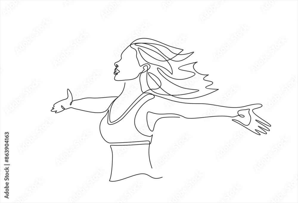 Continuous one line Drawing of a woman stretching arms is relaxing. Continuous one line Drawing of a woman stretching arms is relaxing.