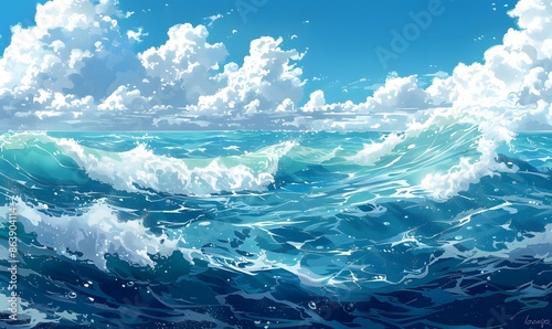 digital illustration of ocean waves with blue ripples and white foam, rendered in a stylized and graphic manner