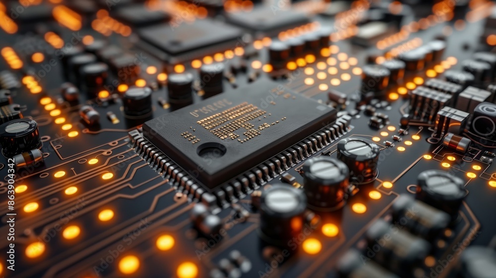 A detailed view of a microprocessor on an automated production line, highlighted by orange illumination from the equipment A detailed view of a microprocessor on an automated production line, highlighted by orange illumination from the equipment