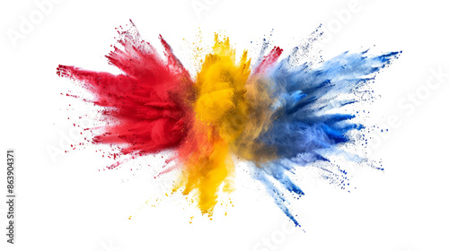 bright red, yellow, and blue paint color powder festival explosion burst isolated white background. 