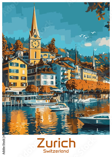 Zurich Switzerland Poster Illustration Travel Print Decor Gift Paper Canvas Wall Retro Art #863905156