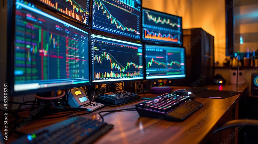 High-Tech Trading Desk Setup with Multiple Monitors Displaying Stock Market Data High-Tech Trading Desk Setup with Multiple Monitors Displaying Stock Market Data