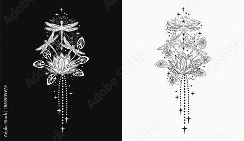 Vertical black and white fantasy composition with lotus flower, flying fantasy dragonflies, dragonfly pixie, faerie, stars. Mysterious, mystical concept. Vintage style.