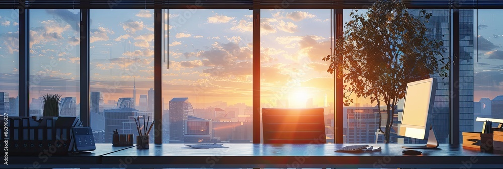 Modern Office with Sunrise Cityscape View, A contemporary office with a desk, computer, and scenic cityscape view through large windows at sunrise, symbolizing productivity and inspiration.
Modern Office with Sunrise Cityscape View, A contemporary office with a desk, computer, and scenic cityscape view through large windows at sunrise, symbolizing productivity and inspiration.
