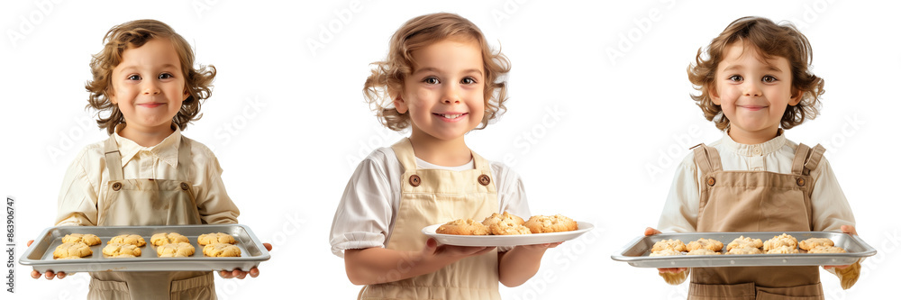 Set of A young child holding a tray of homemade butter cookies isolated on transparent background Set of A young child holding a tray of homemade butter cookies isolated on transparent background
