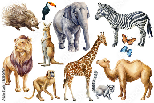 Set animals watercolor. Wildlife cute animal, Hand painted zoo clipart camel, kangaroo, lion, monkey, elephant and lemur