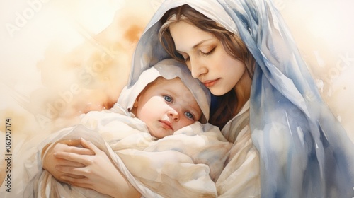 Serene Watercolor Painting of Mother Mary Holding Baby Jesus with Soft Pastel Colors
