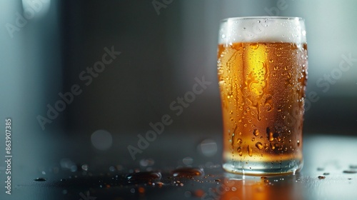 glass with a light layer of beer where the glass is moist from condensation, banner style, copy space
