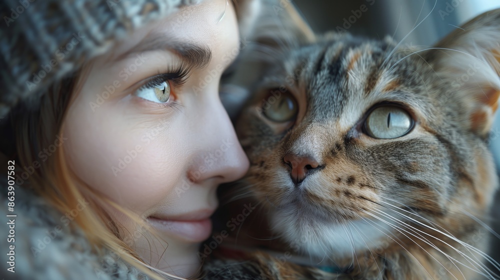 A close-up portrait of a beautiful cat with striking blue eyes, with the presence of its owner, a woman, softly blurred in the background. A close-up portrait of a beautiful cat with striking blue eyes, with the presence of its owner, a woman, softly blurred in the background.