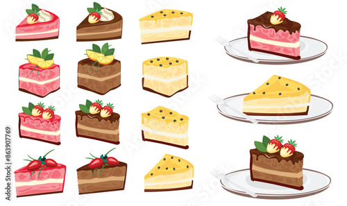 Slice of cake vector set with different flavors and topping. Cake on the plate. Sweet food and dessert. Birthday element. Flat vector in cartoon style isolated on white background.