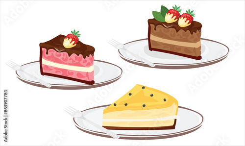 Slice of cake vector set with different flavors and topping. Cake on the plate. Sweet food and dessert. Birthday element. Flat vector in cartoon style isolated on white background.