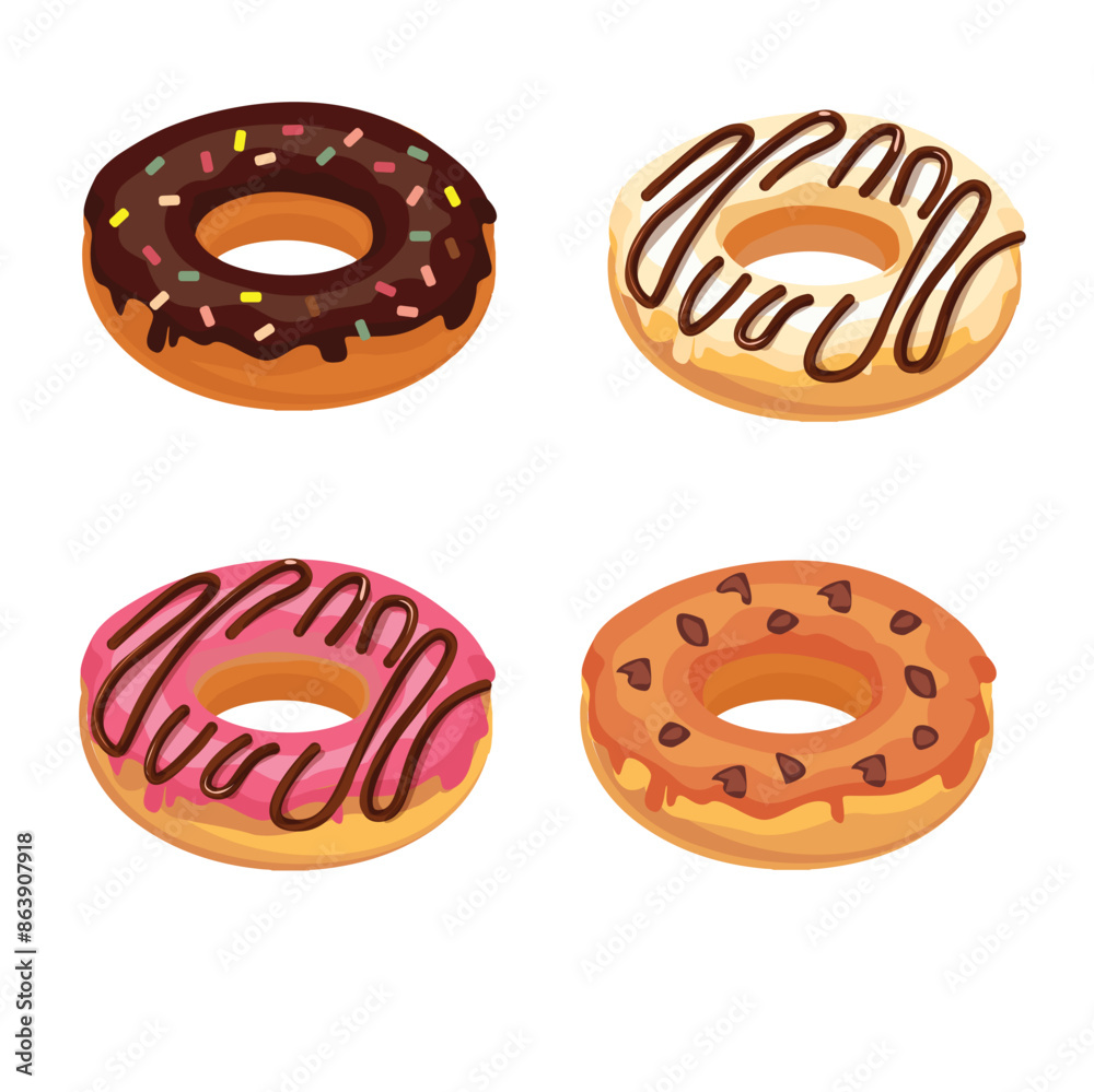 Donut vector set or doughnut vector set with different flavors and topping. Sweet food clipart. Dessert clipart. Flat vector in cartoon style isolated on white background. Donut vector set or doughnut vector set with different flavors and topping. Sweet food clipart. Dessert clipart. Flat vector in cartoon style isolated on white background.