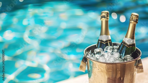 champagne in an ice bucket in front of a swimming pool