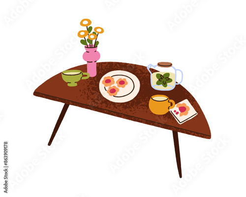 Tea cups, teapot, cookies and flower vase serving, hygge setting on wooden coffee table. Drink and sweet food for cozy comfortable breakfast. Flat vector illustration isolated on white background