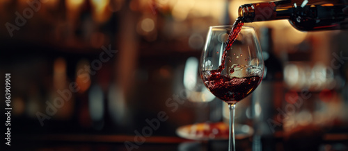 Red wine being poured into glass with blurred background