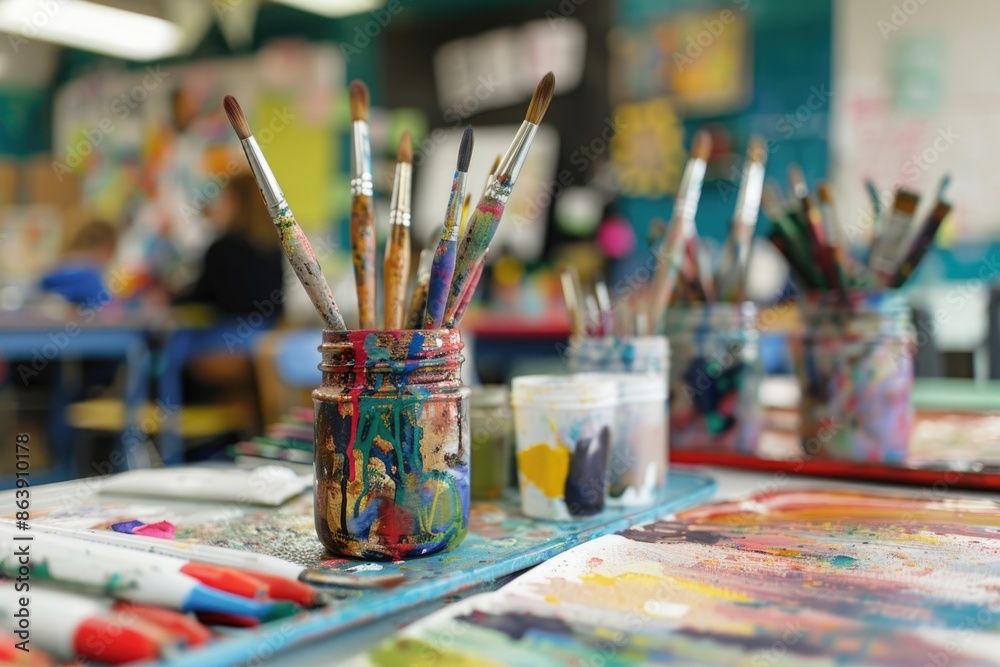 Jar filled with paint brushes on a table, useful for artistic and creative projects Jar filled with paint brushes on a table, useful for artistic and creative projects