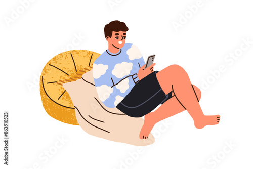 Man using smartphone at home. Happy person relaxing with mobile phone in hand, looking and surfing internet. Enjoying leisure time with gadget. Flat vector illustration isolated on white background