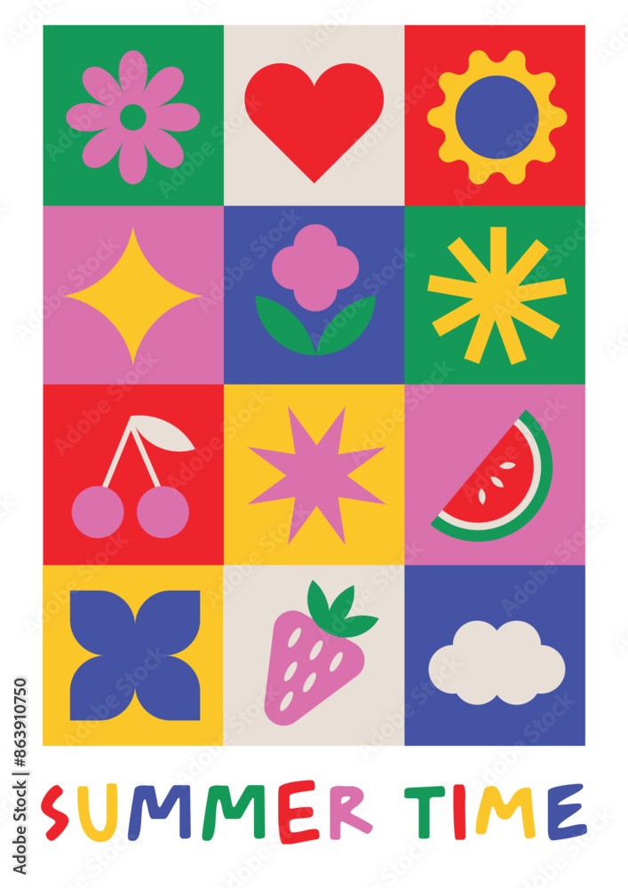 Summer color poster. Modern print on the wall. Bauhaus style. Colorful inscription Summer Time. Geometric shapes of flowers and fruits. Summer color poster. Modern print on the wall. Bauhaus style. Colorful inscription Summer Time. Geometric shapes of flowers and fruits.