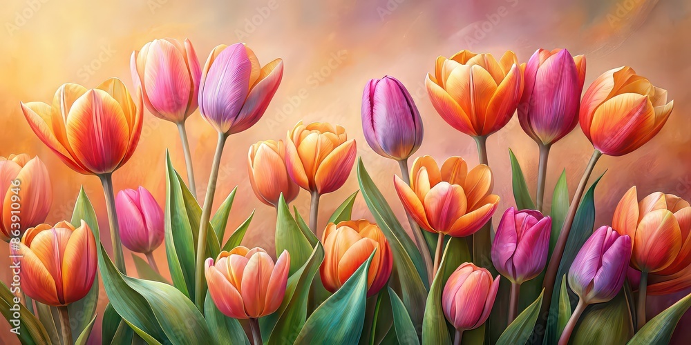 Vibrant oil painting of pink orange tulips with small flower buds on beige background Vibrant oil painting of pink orange tulips with small flower buds on beige background