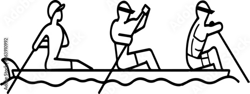 Three rowers are rowing a boat with a shark on the side