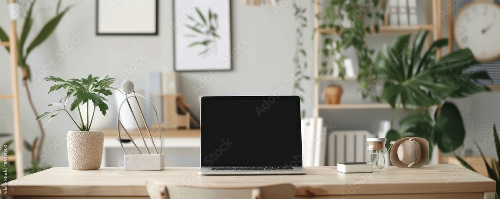 A modern home office setup featuring a sleek laptop on a light wooden desk, surrounded by lush green plants. A modern home office setup featuring a sleek laptop on a light wooden desk, surrounded by lush green plants.