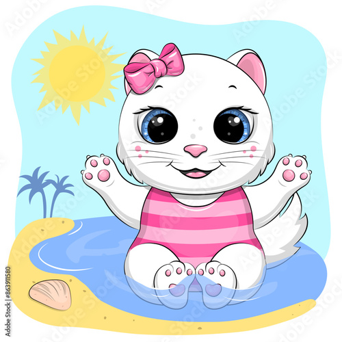Cute cartoon white cat on the beach. Summer animal vector illustration.
