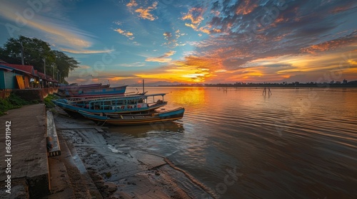 Photo of sunrise at Mahakham River Samarinda City There's a boat moored. photo