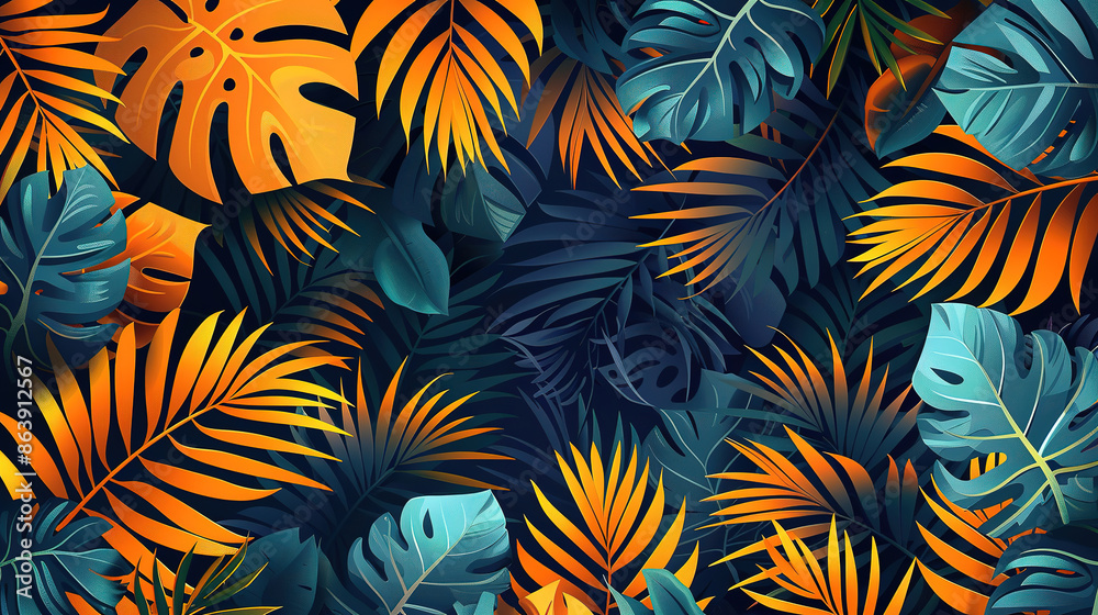 Abstract Orange Summer Pattern With Copy Space for Text. Bright Tropical Leaves Abstract Orange Summer Pattern With Copy Space for Text. Bright Tropical Leaves
