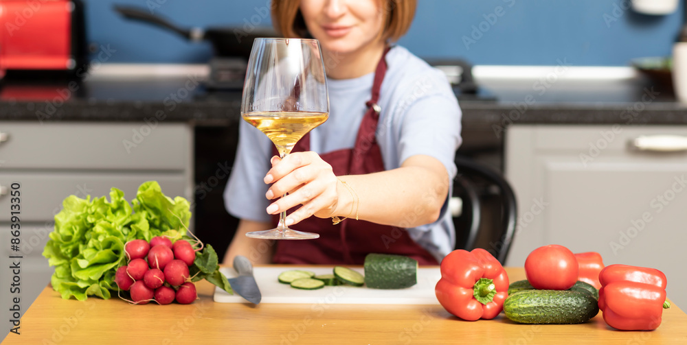 Desperate housewife decided to drink wine while cooking Desperate housewife decided to drink wine while cooking