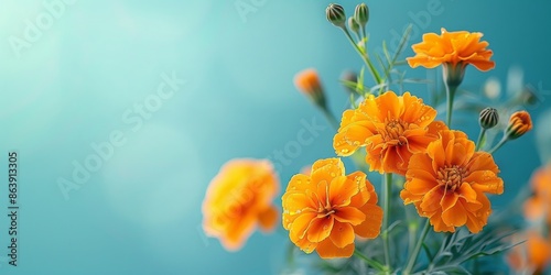 Vibrant Orange Flowers with Dew on a Bluish Background