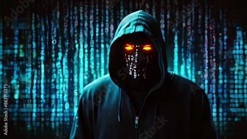This is a hacker of a person in a dark hoodie with a mask covering their face photo