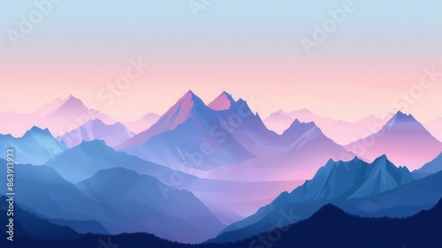 A breathtaking view of a mountain range illuminated by the first rays of dawn, featuring a soft pastel sky and a tranquil atmosphere. Generative AI