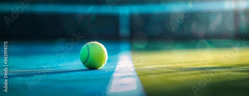 Low-angle view of a tennis ball resting on a crisp white line, set on a vibrant blue and green hard court, background subtly blurred for emphasis, copyspace photo