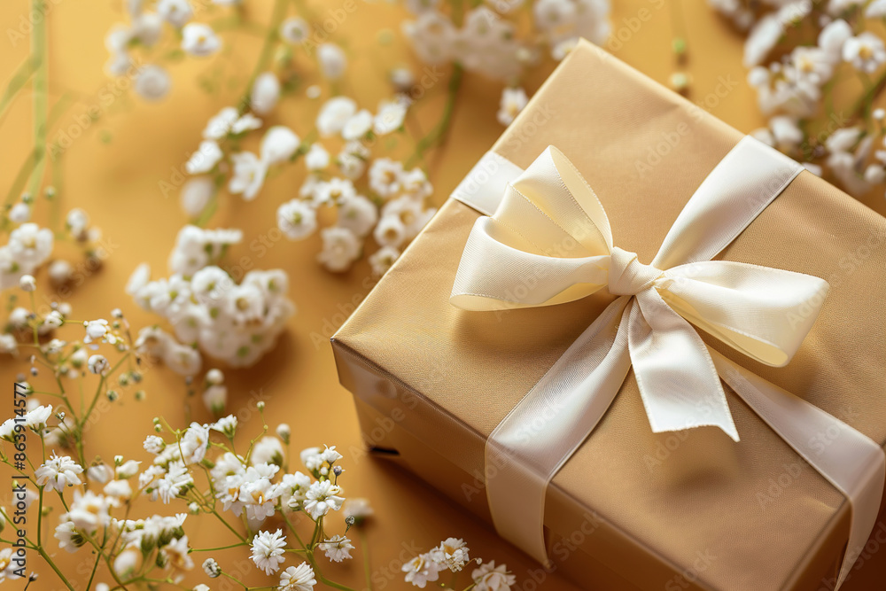Golden Gift Box with White Bow and Delicate Flowers on Warm Background