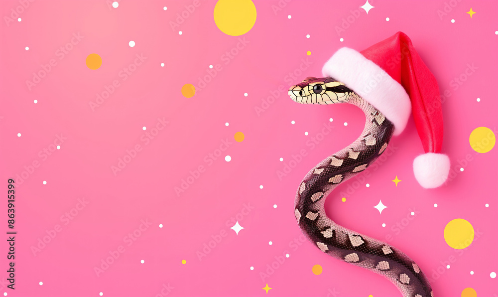 Snake wearing Santa hat on pink background with bokeh lights. Christmas and holiday concept. Design for New year greeting card. Banner with copy space. Snake wearing Santa hat on pink background with bokeh lights. Christmas and holiday concept. Design for New year greeting card. Banner with copy space.