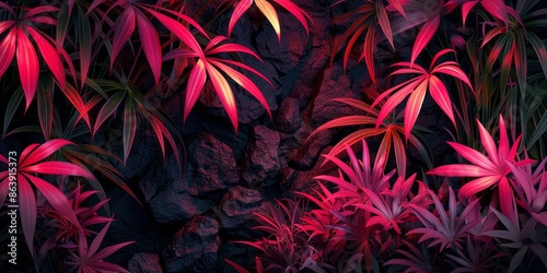 Vibrant Tropical Foliage Against Dark Rock Background photo