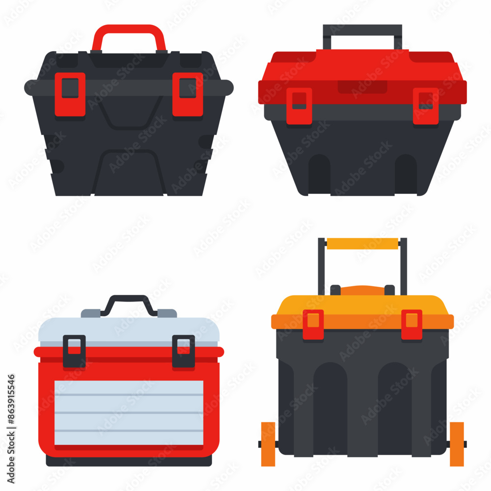 Tool boxes vector cartoon set isolated on a white background.