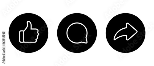 Like, comment, and share arrow icon on black circle