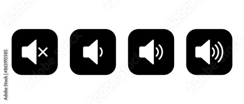 Speaker volume level icon set on black square. Sound button