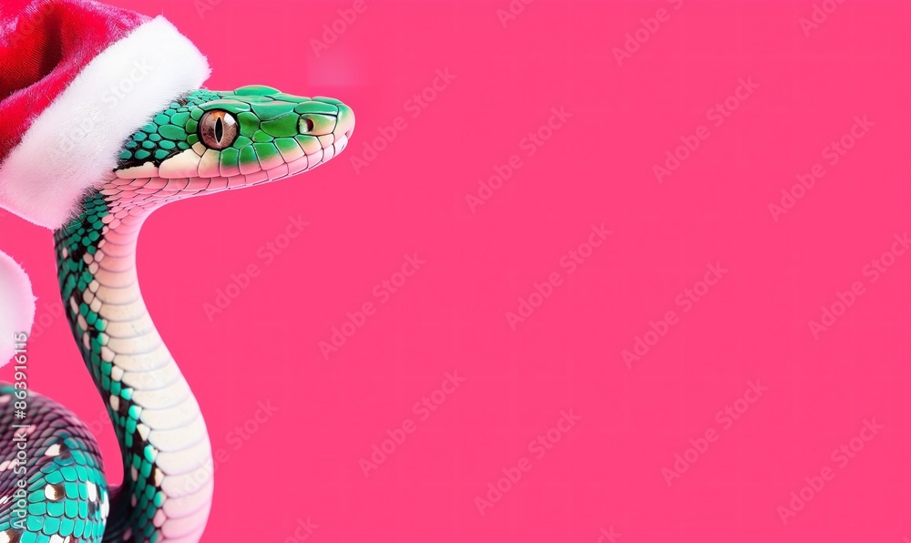 Snake wearing Santa hat, in pop art style on pink solid background. Christmas and holiday concept. Design for New year greeting card. Banner with copy space. Snake wearing Santa hat, in pop art style on pink solid background. Christmas and holiday concept. Design for New year greeting card. Banner with copy space.